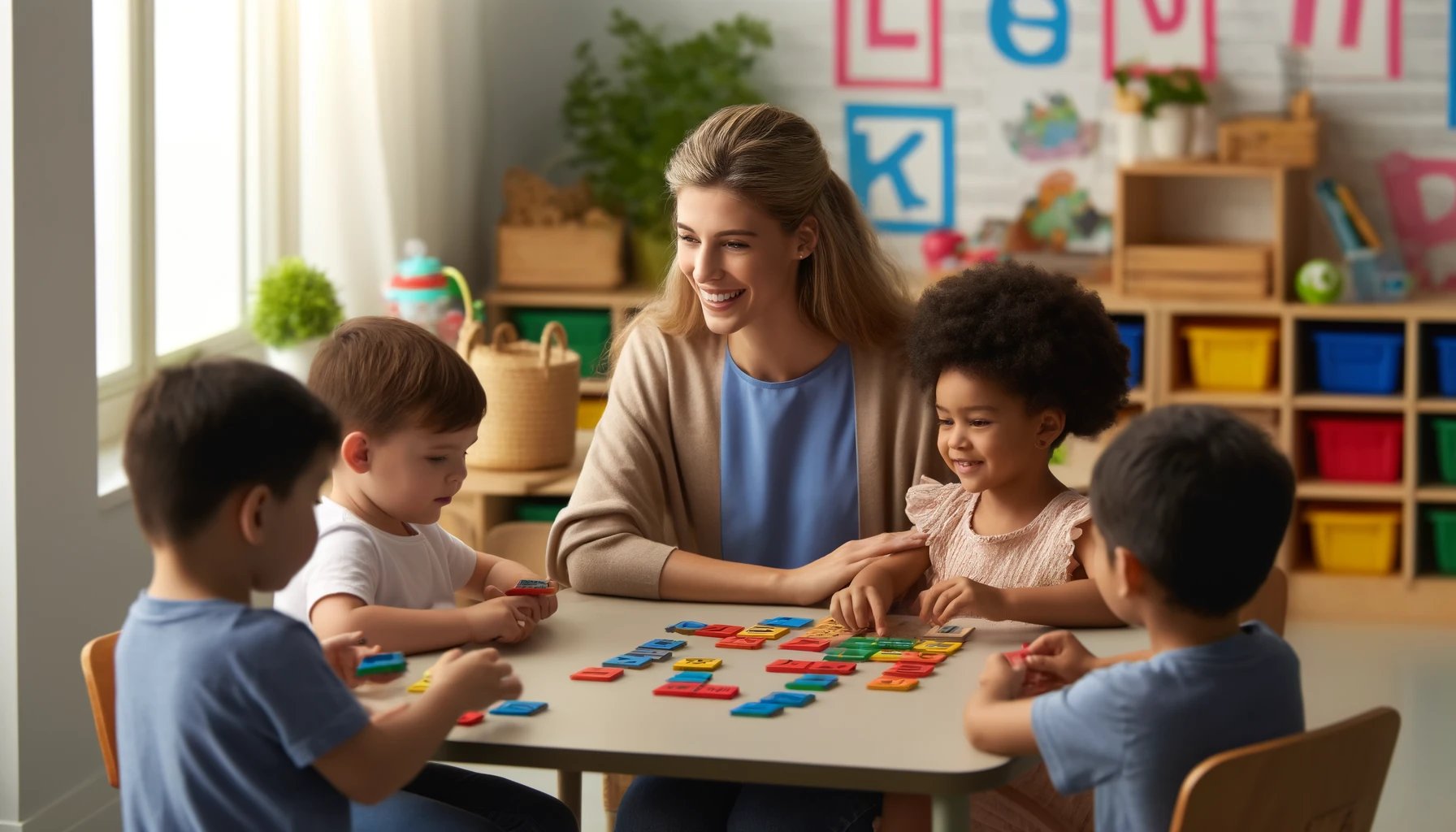 Teacher guiding a small group of students using multisensory letter tiles for structured reading practice