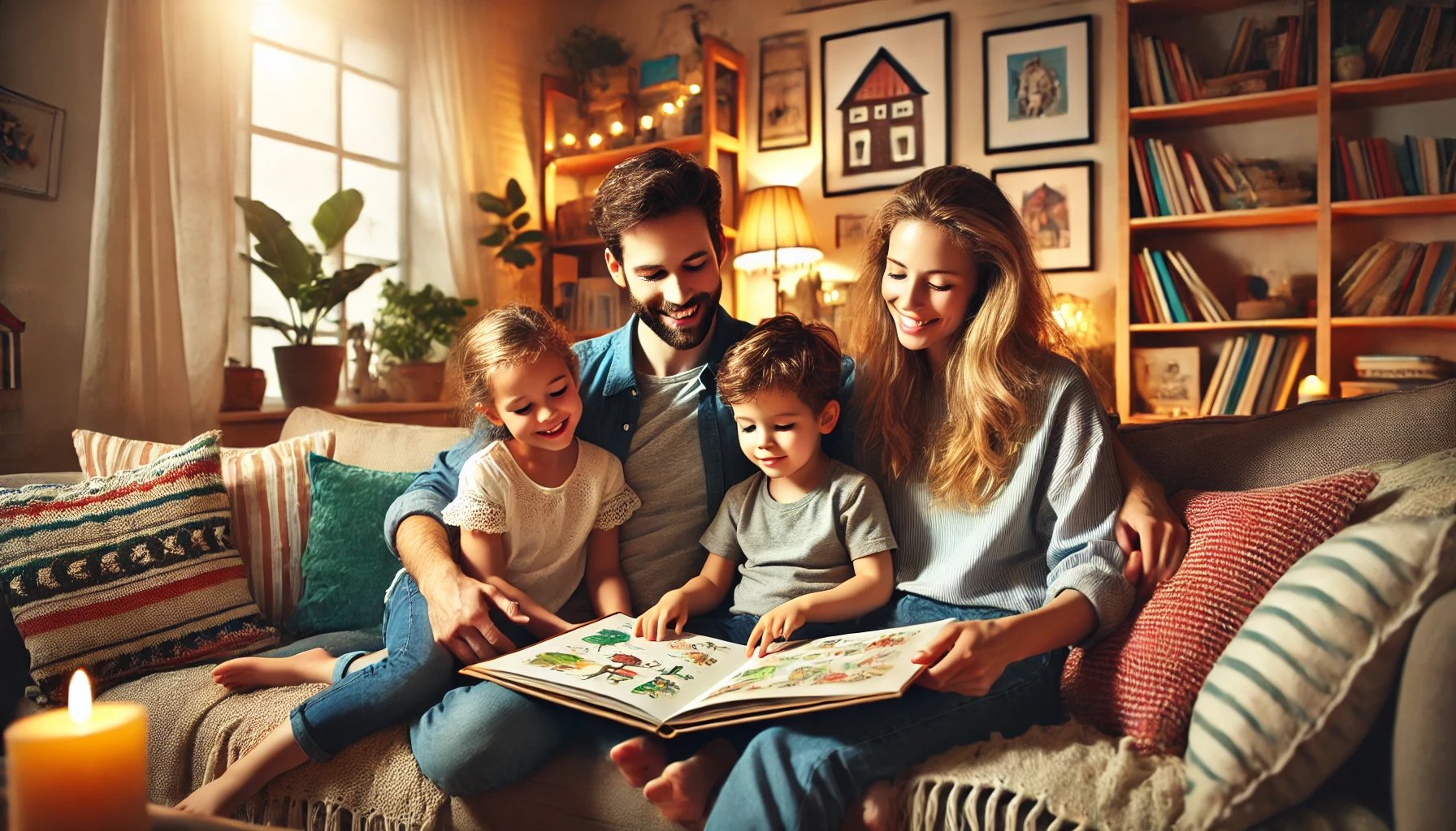 Family reading together at home