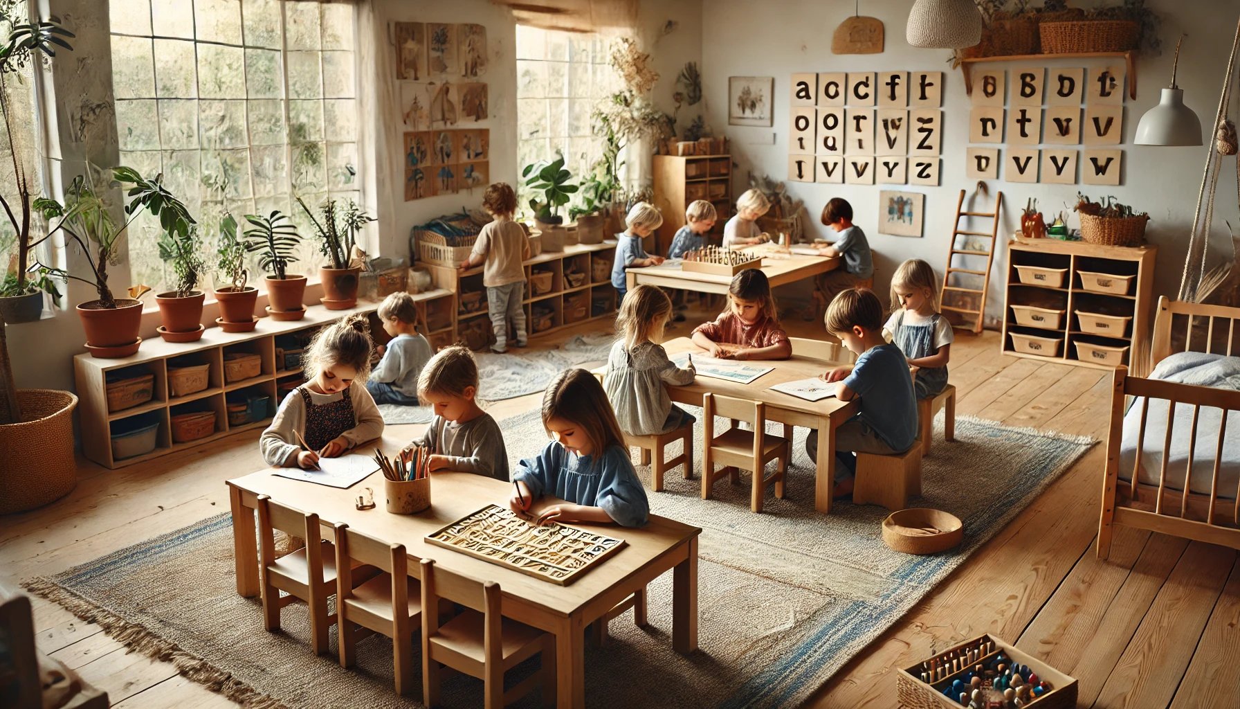 Montessori classroom with children engaged in reading and writing activities