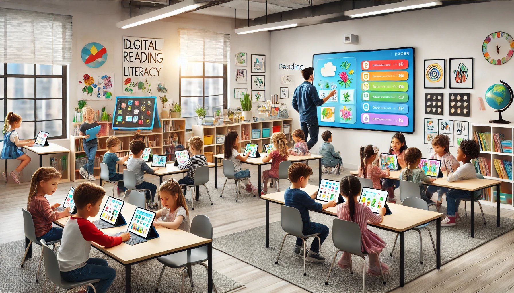 Modern classroom utilizing technology for reading instruction