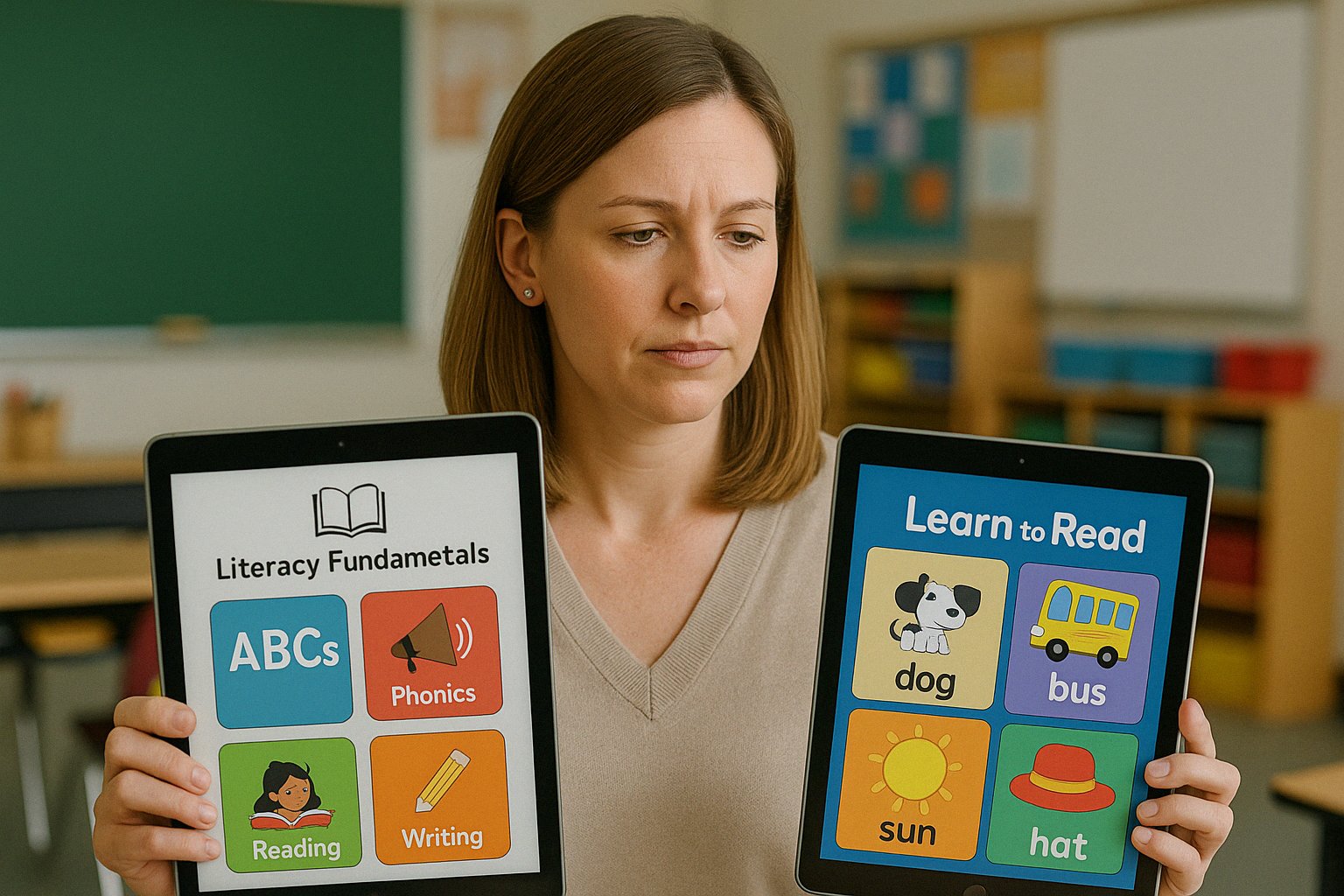 Teacher comparing reading programs for classroom use