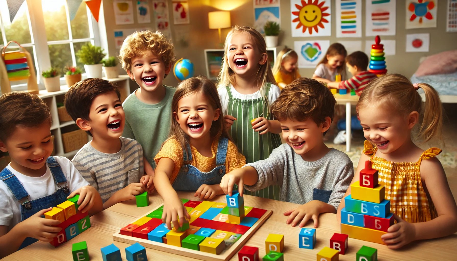 Happy preschoolers engaging in a hands-on phonics activity with letter blocks