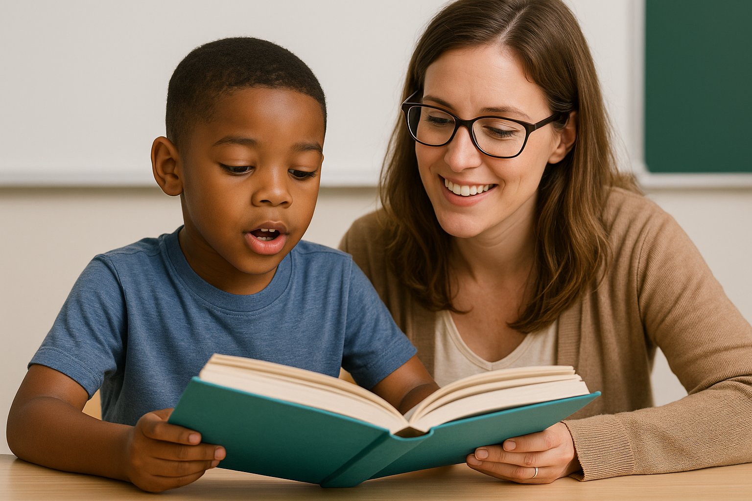 Child reading fluently with teacher
