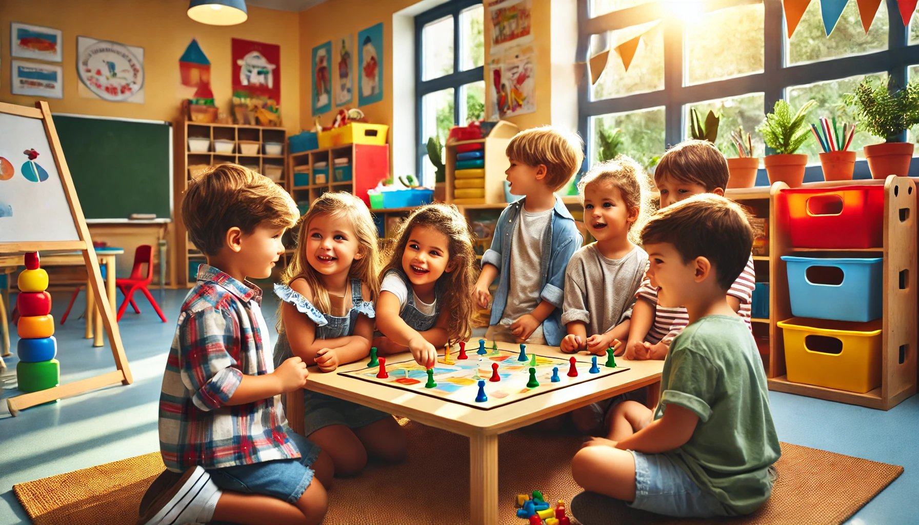 Kids playing a phonics board game in a preschool setting