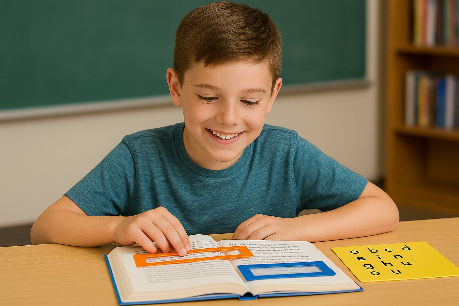 Smiling student reading with support tools