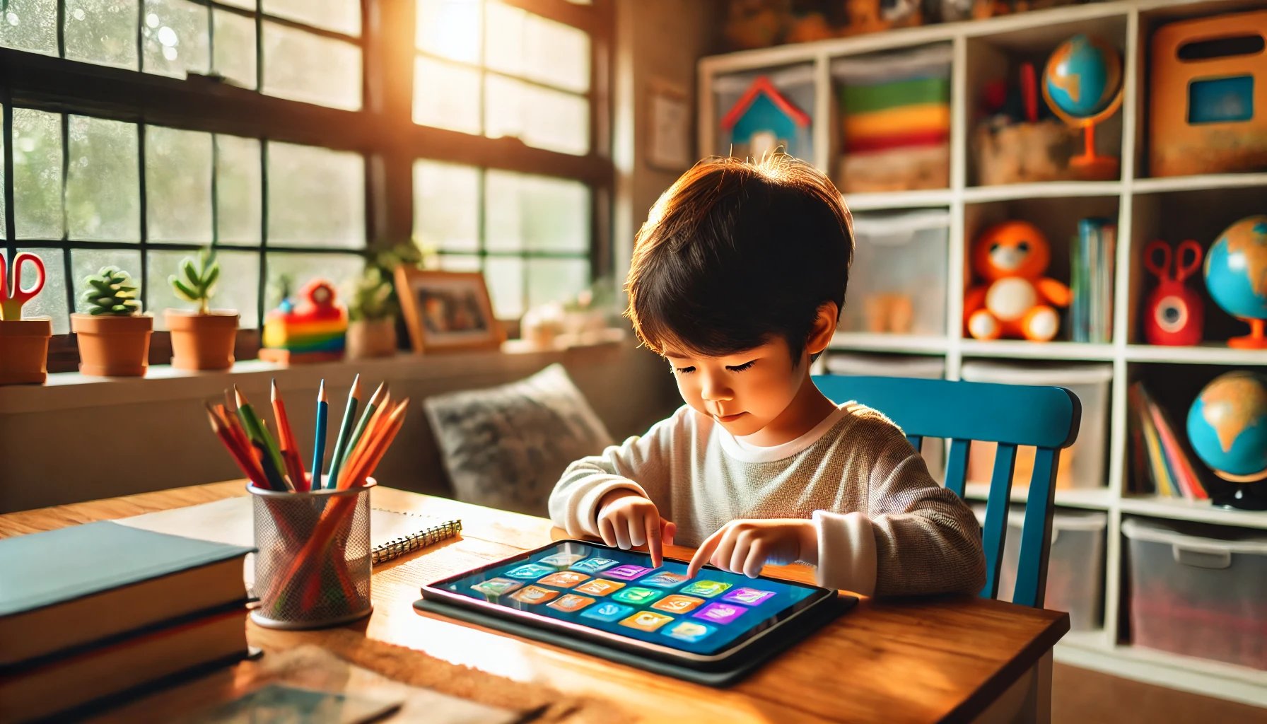 A child using a tablet for an interactive phonics lesson