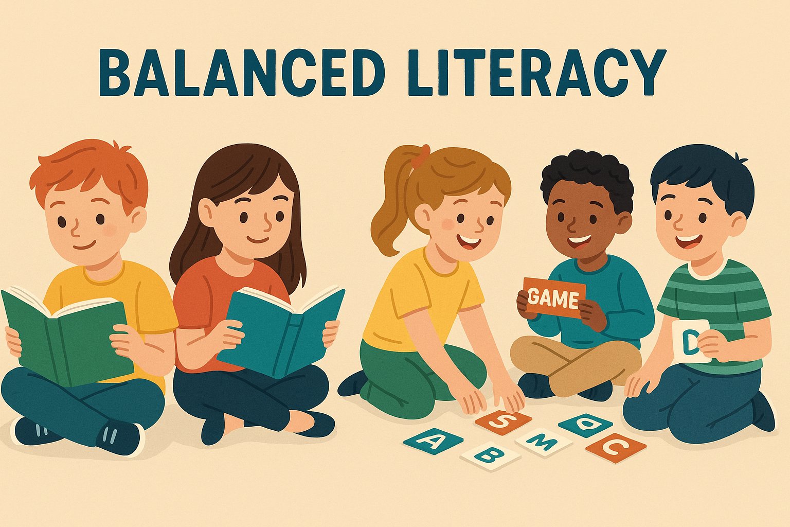 Balanced literacy representation with kids reading and playing games
