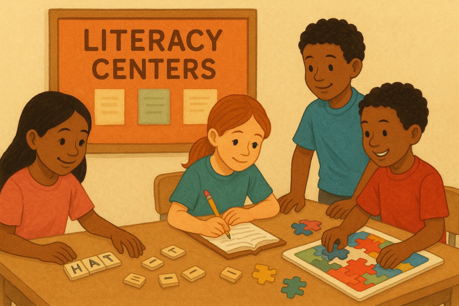 Students working on literacy centers together