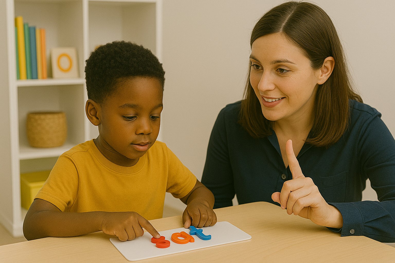 Teacher and student practicing phonemic skills together
