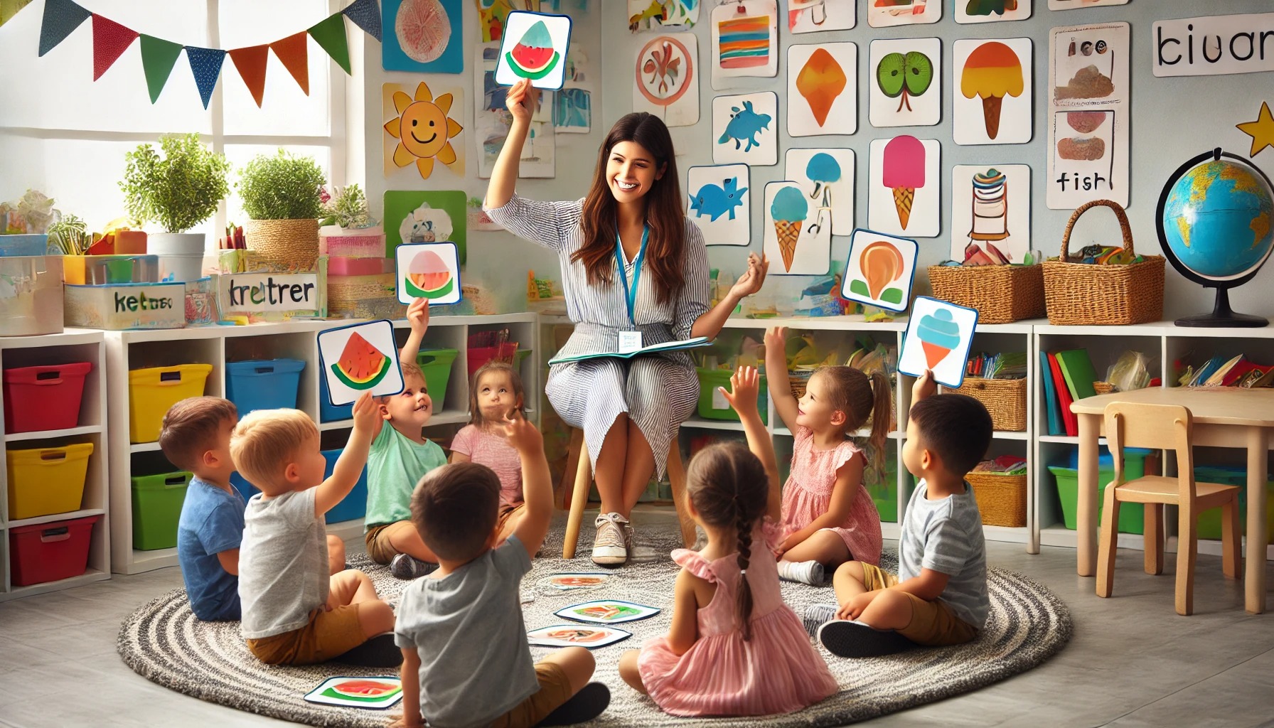 Placeholder: Teacher leading keyword chants with kids holding picture cards