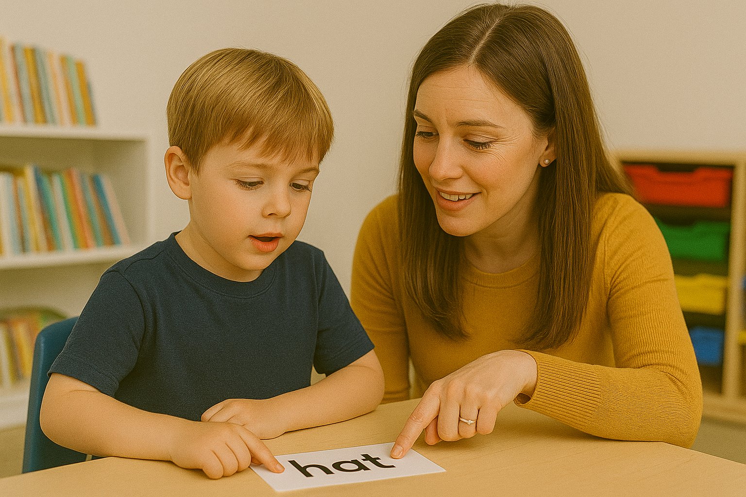 Teacher helping kindergartner read a word