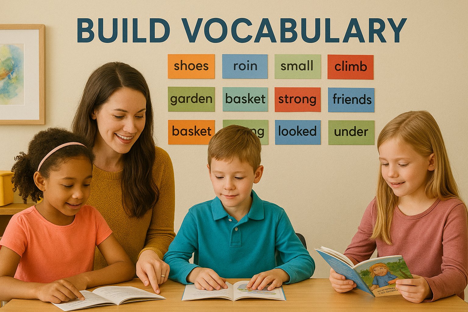 Teacher helping students build vocabulary through reading activities
