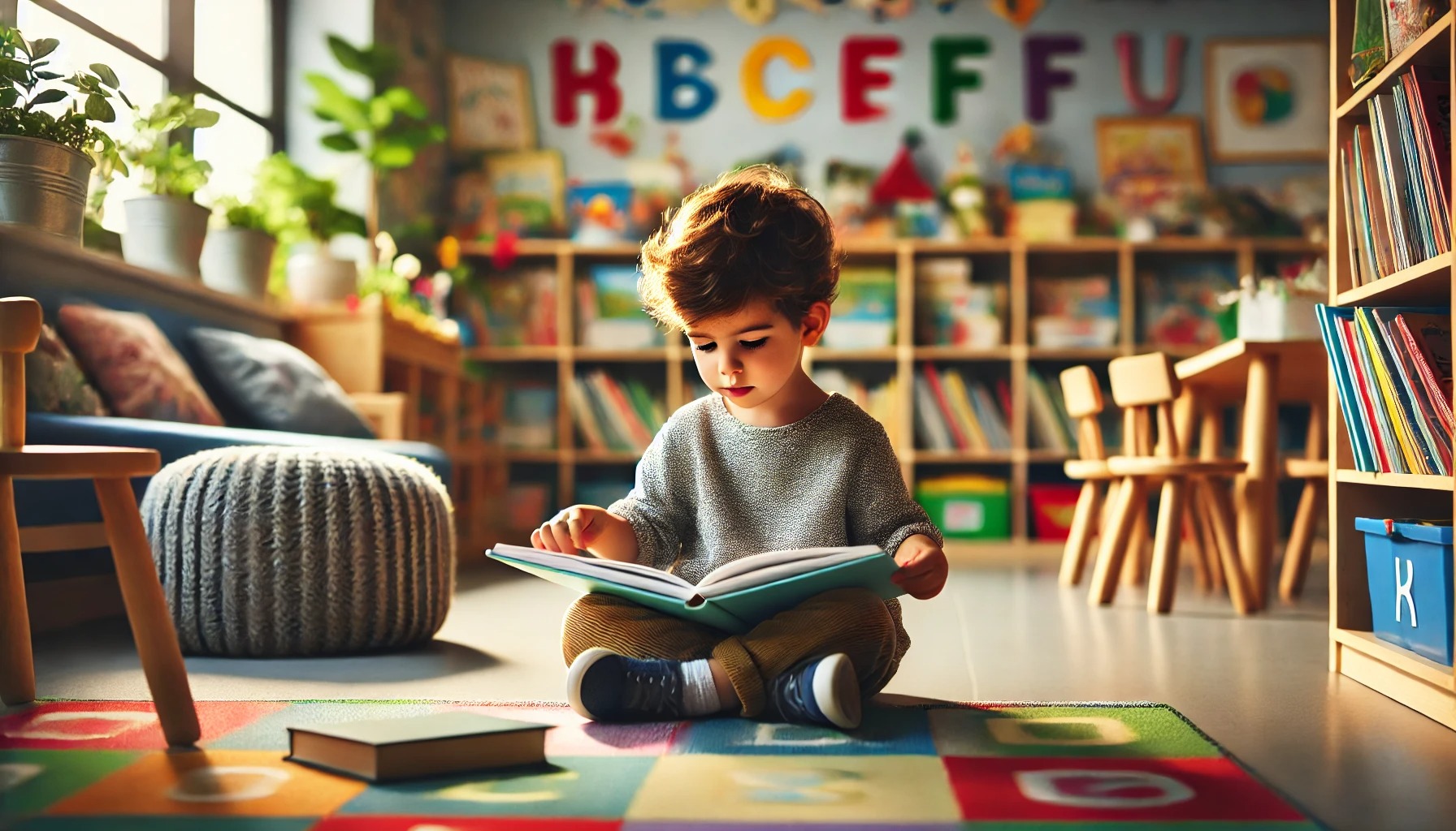 Children working in literacy centers with phoneme cards and blending games