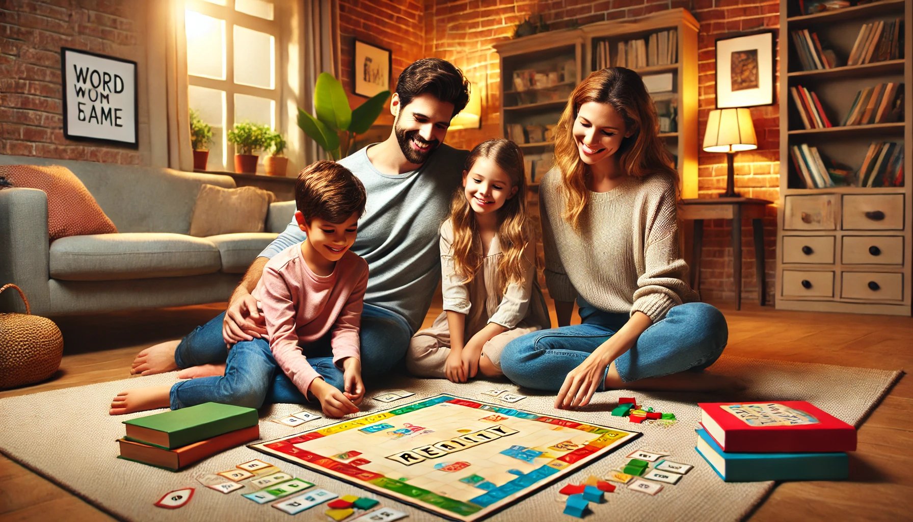 A family playing a reading board game together in the living room