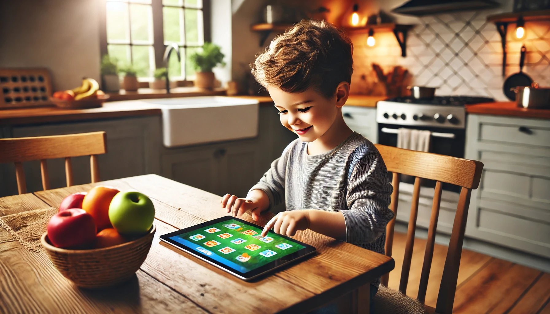 Child using an iPad to play an ABZ Learning reading game at the kitchen table
