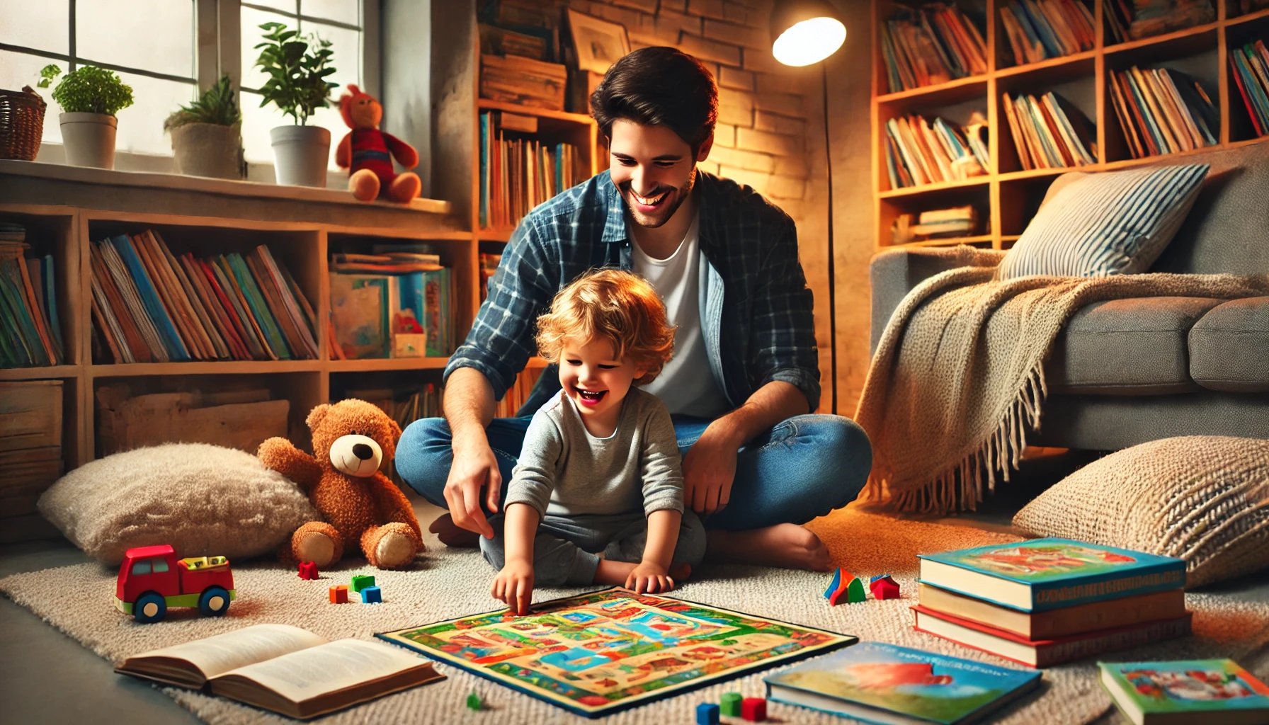 Parent and child playing a literacy board game on the floor with books around them
