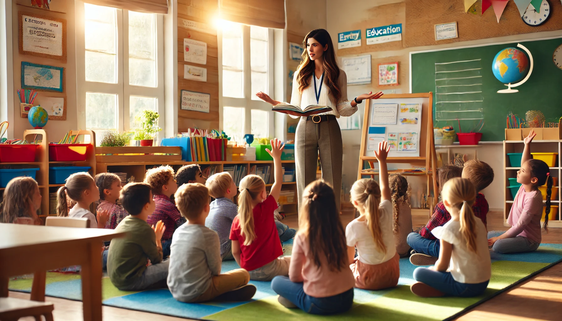 A teacher demonstrating synthetic phonics techniques to a group of young students