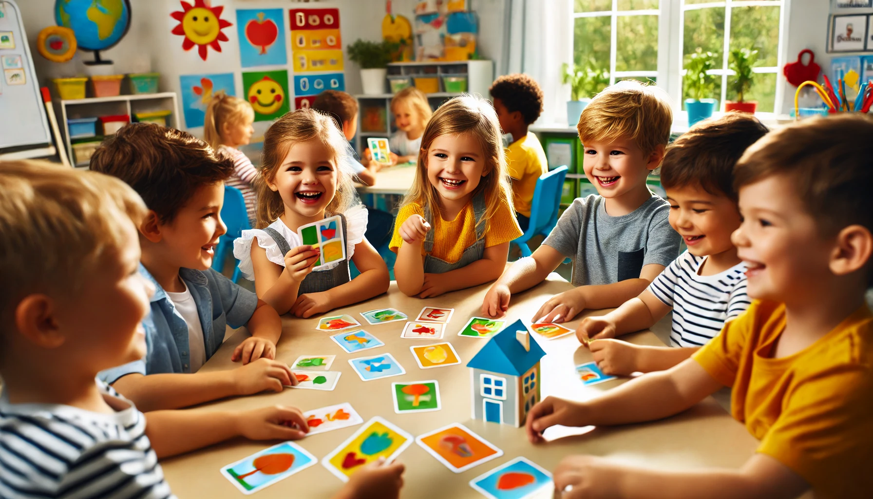 Children engaging in a phonics blending activity using letter cards