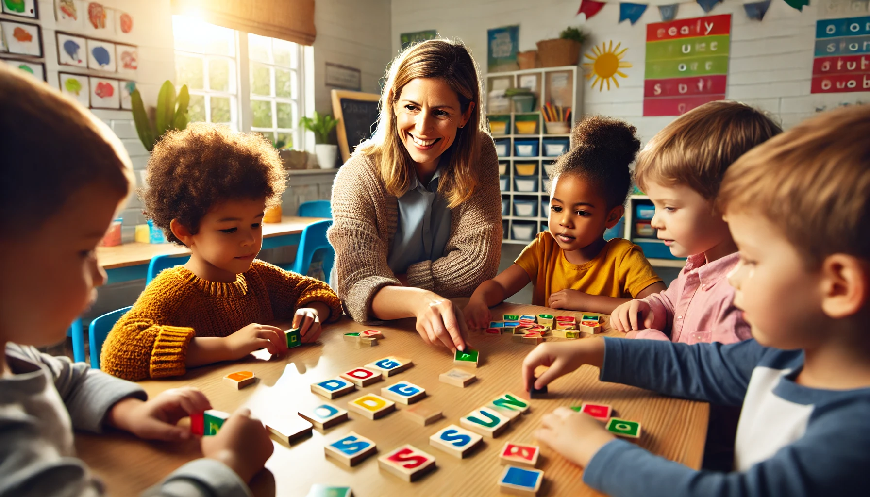 Teacher leading a small group synthetic phonics lesson with letter tiles