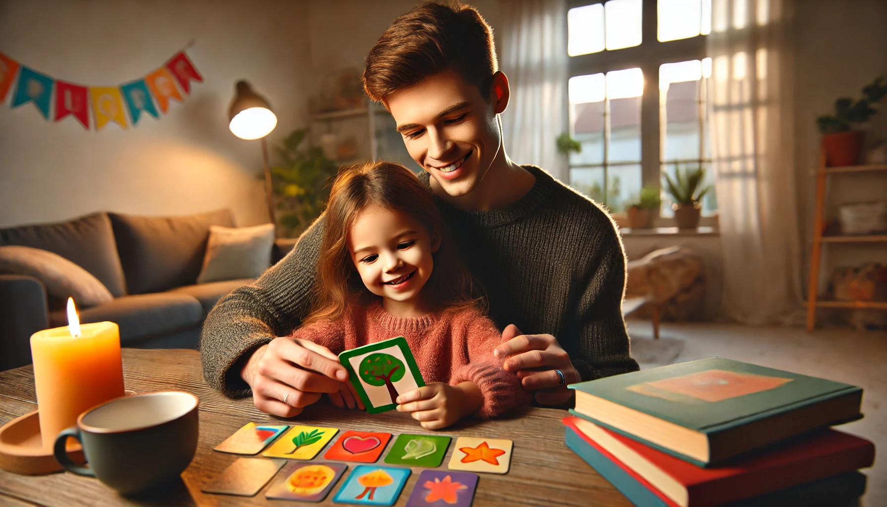 Parent and child using flashcards for phonics review at home