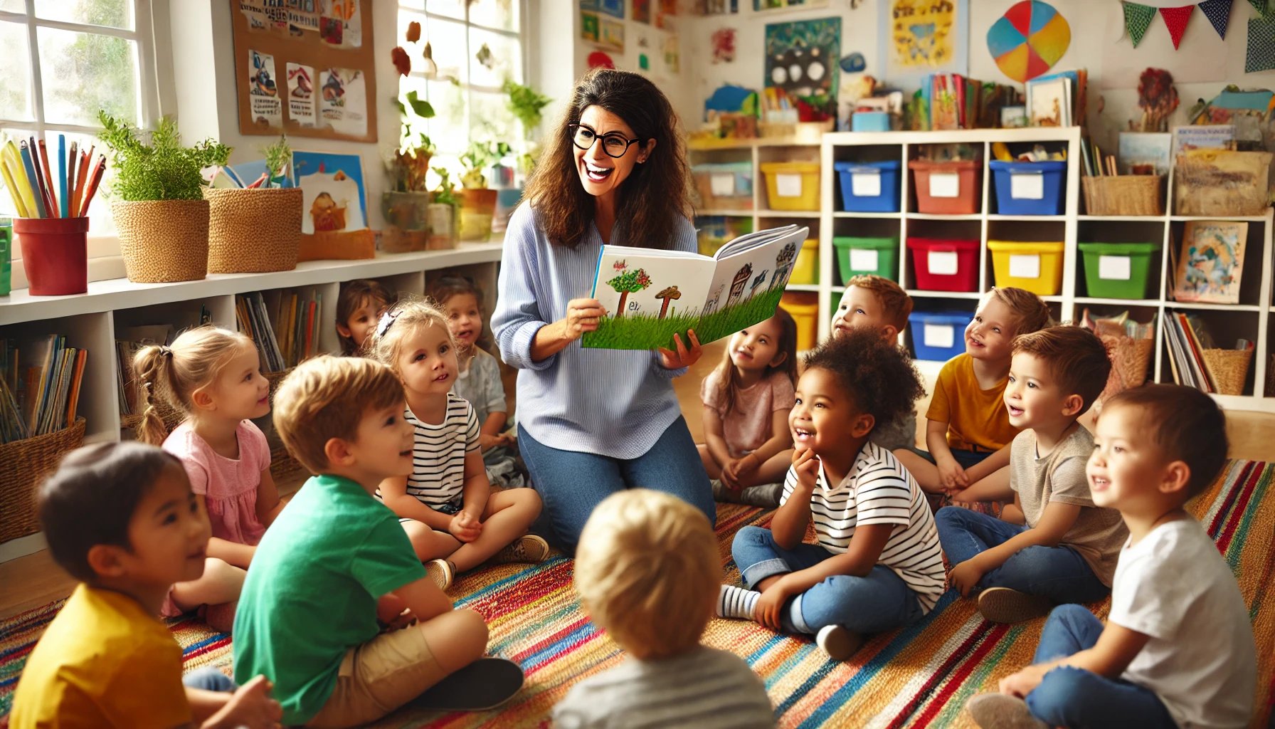 Teacher reading poetry to young students