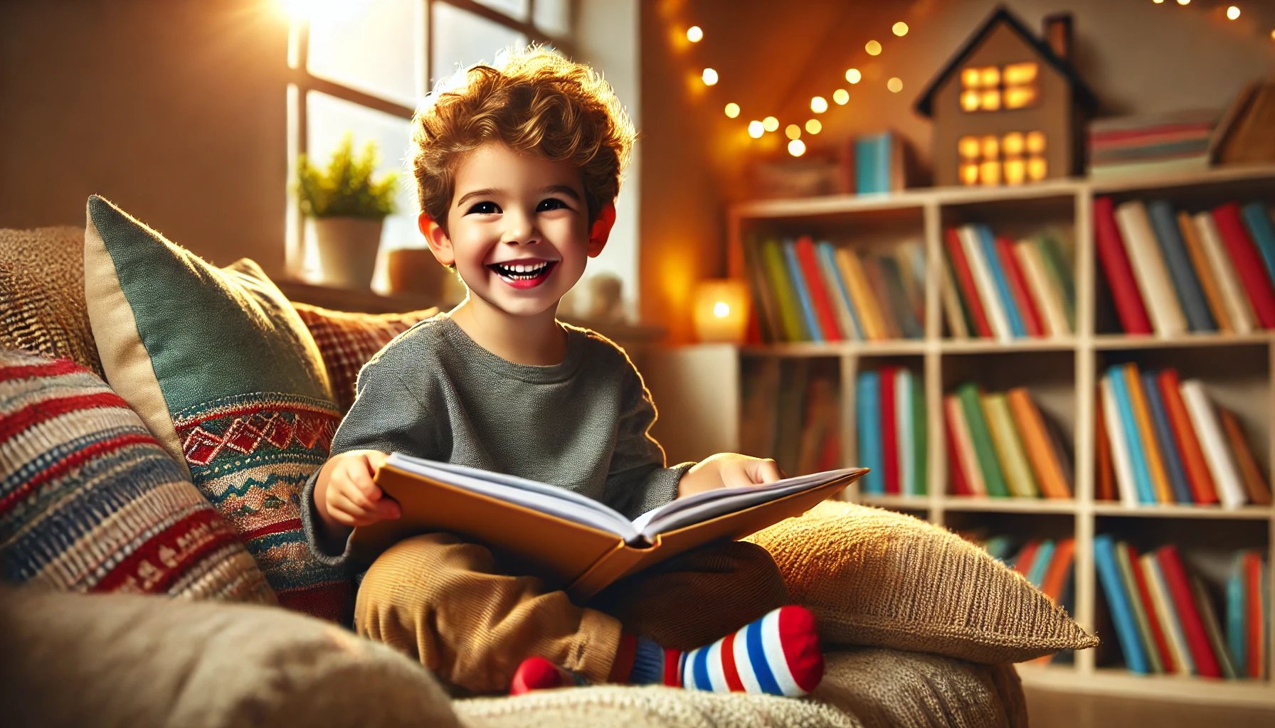 A happy child reading a book with letters and phonics symbols floating around them