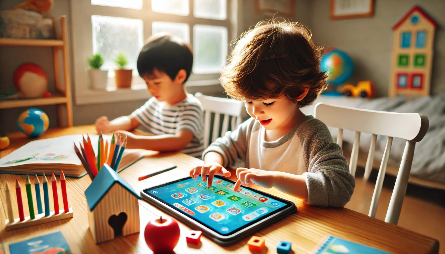 A young child using an interactive phonics learning app on a tablet