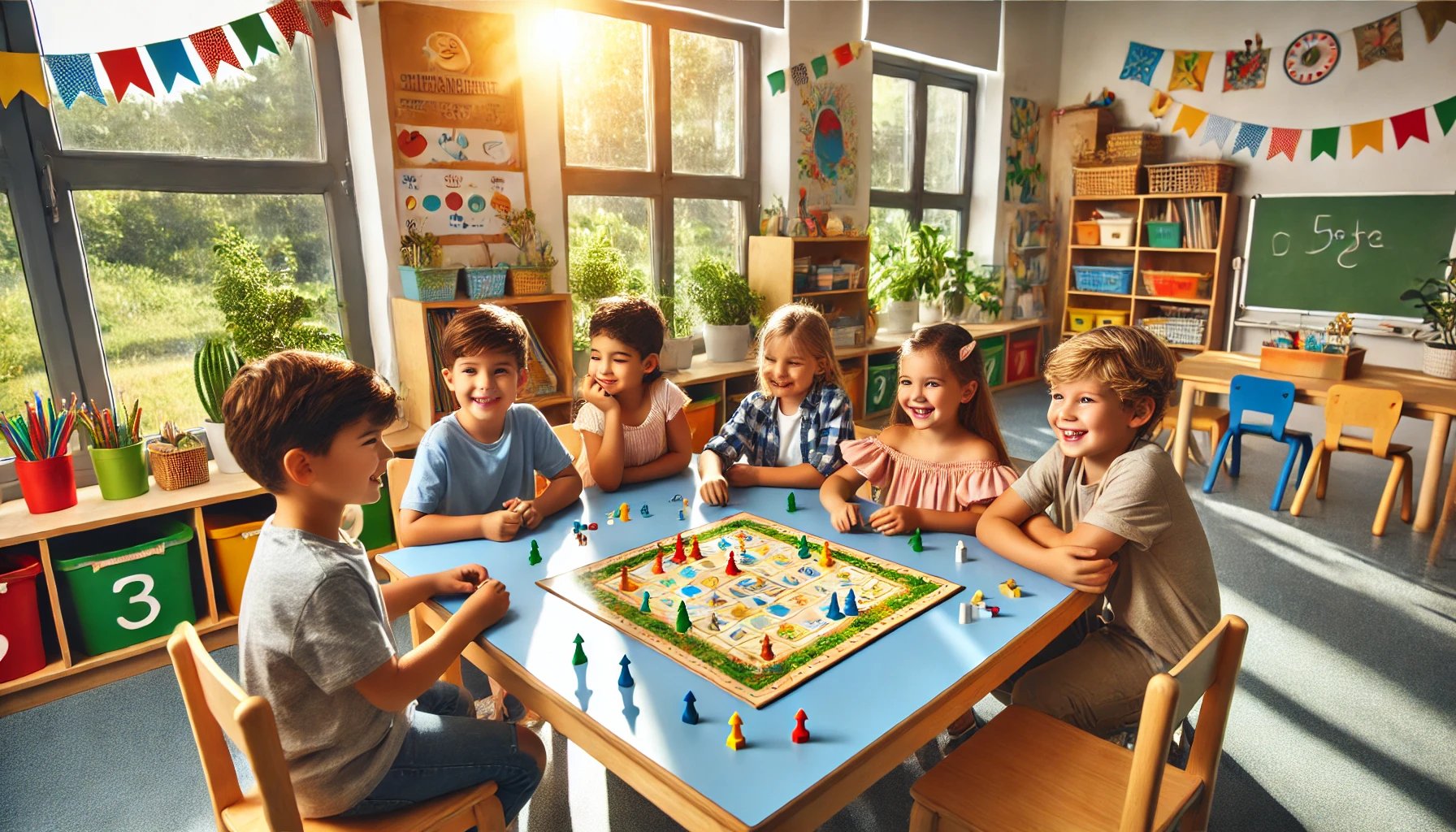 Children playing a phonics board game together in a classroom setting