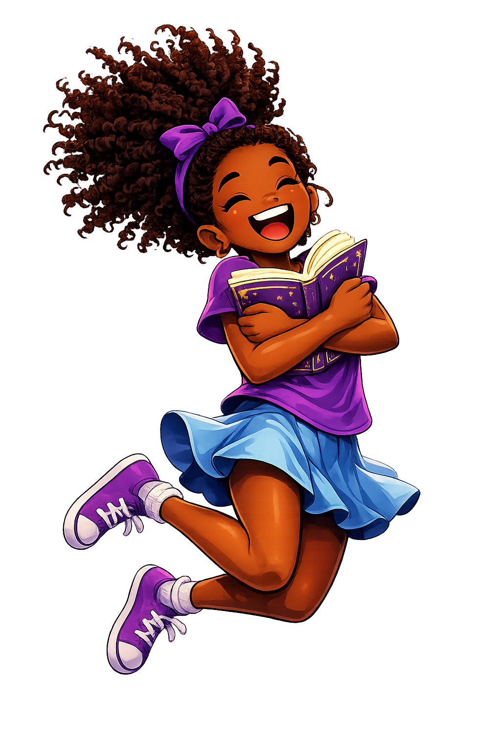 A joyful kid mid-leap hugging a book